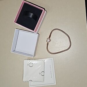 Pandora sparkling hearts rose gold bracelet with ring box and polishing cloth